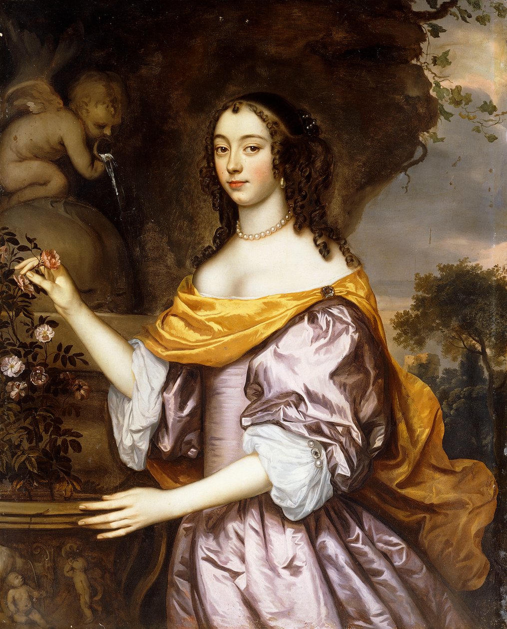 Portret van een Dame, staand driekwart lengte, dragend een Lavendel Zijde Jurk en een Gele Sjaal door Jan Mytens
