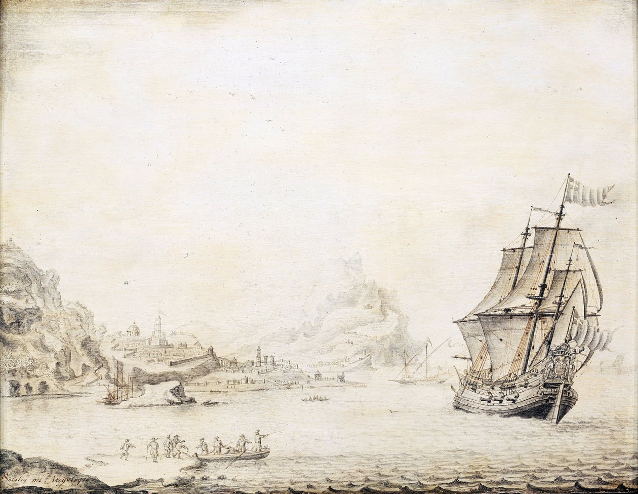 Een Brits schip voor de kust van Satalia, Turkije, in 1677, omringd door een rotsachtige kustlijn, met oude stadsmuren en minaretten door Jan Peeters