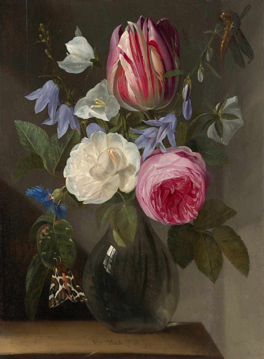 Rozen en een tulp in een glazen vaas, ca.1650-1660 (olieverf op paneel) door Jan Philip van Thielen