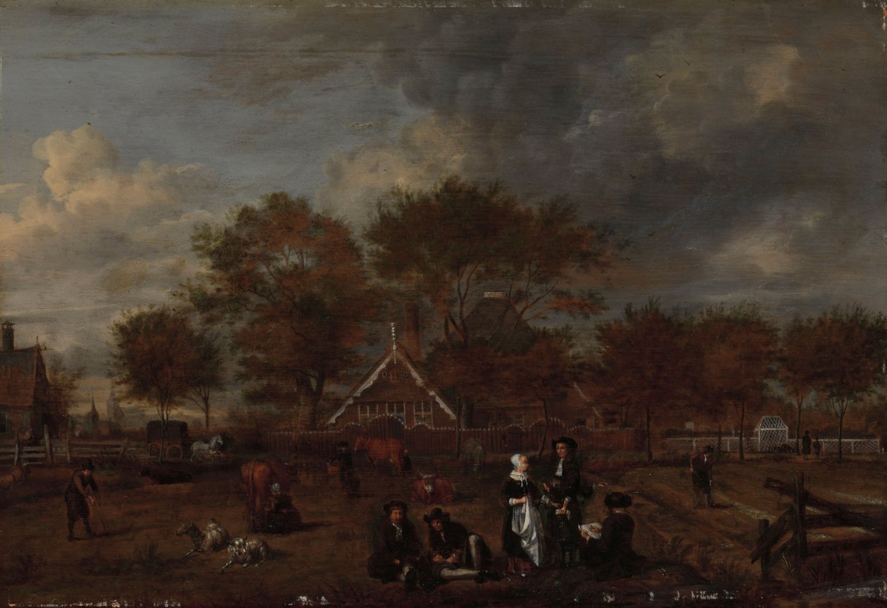 Boerderij met de herenboer en zijn vrouw en de schilder op de voorgrond door Jan Pietersz Opperdoes