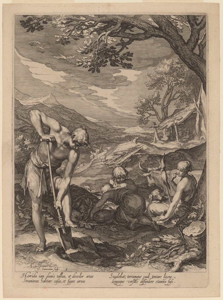 Adam en Eva aan het werk door Jan Pietersz Saenredam after Abraham Bloemaert