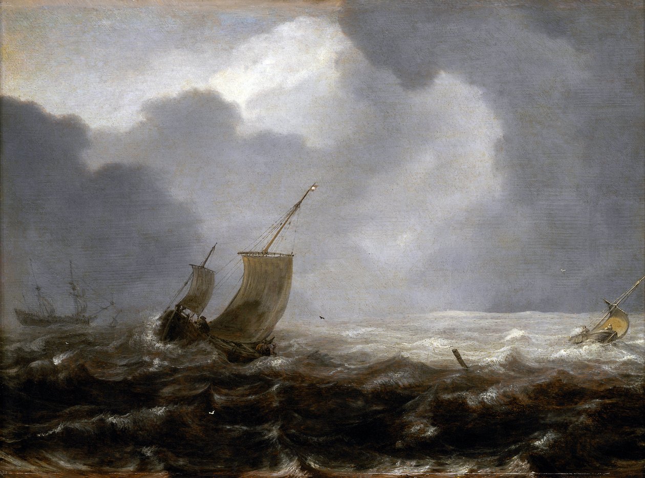 Vissersboten op een winderige dag, op de linker door Jan Porcellis