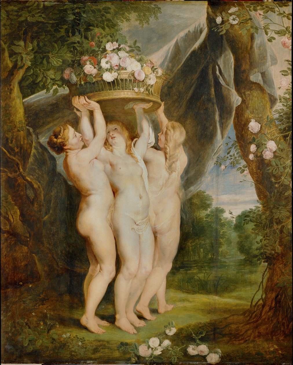 De Drie Gratiën (olieverf op doek) door Jan & Rubens P.P. (1577-1640) Brueghel