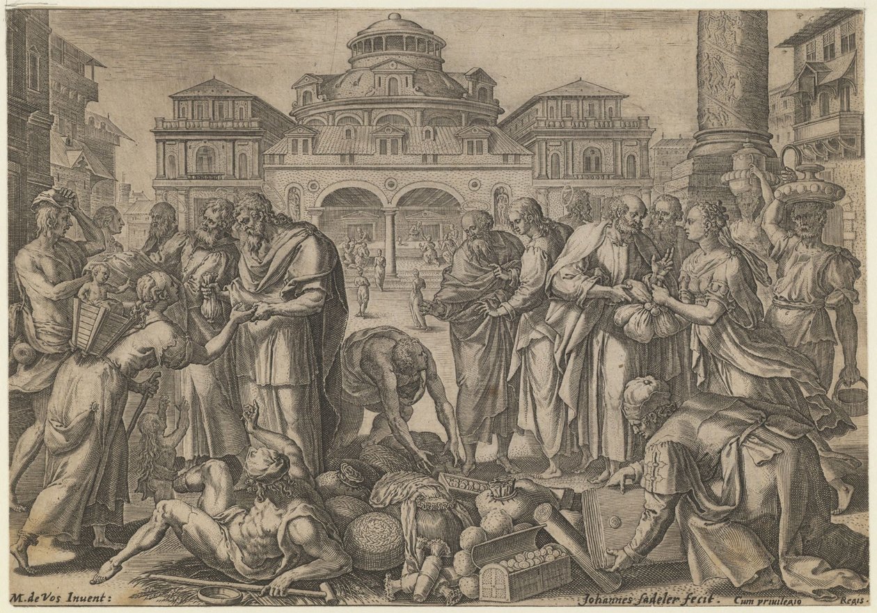 De apostelen verdelen het geld aan de behoeftigen, ca. 1600 door Jan Sadeler