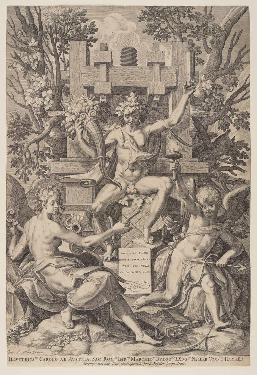 Bacchus zittend op een vat door Jan Sadeler I