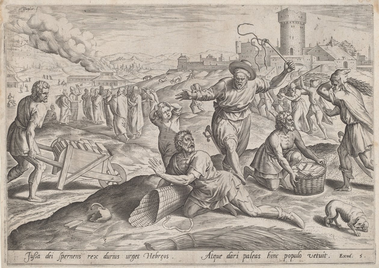 De opzichter van de farao slaat de Israëlieten door Jan Sadeler I, Maarten van Cleef
