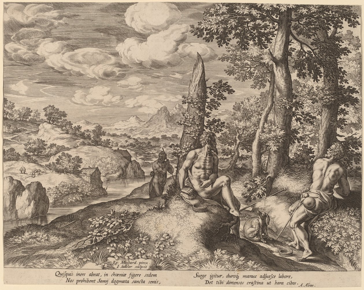 Landschap met Drie Naakte Mannen en een Hond door Jan Sadeler I after Gillis Mostaert