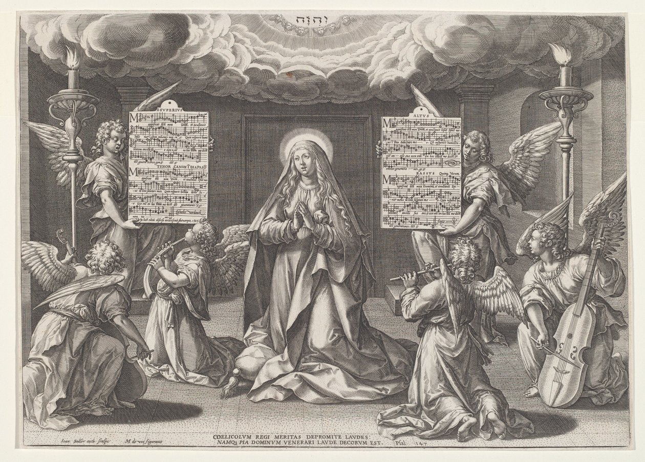 Magnificat: De Maagd Omringd door Muziekmakende Engelen door Jan Sadeler I, after Maarten de Vos