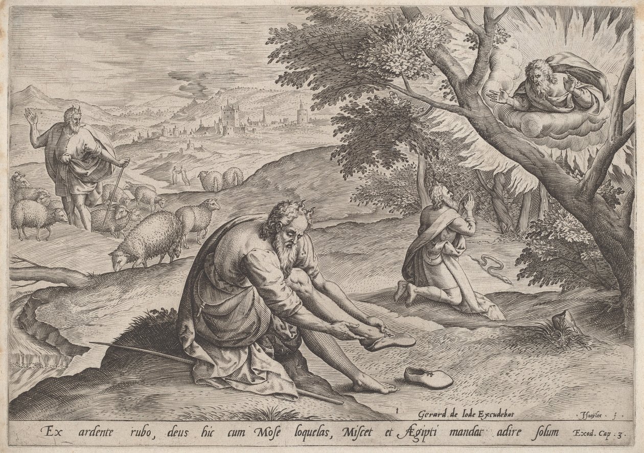 God Verschijnt aan Mozes door Jan Sadeler I, after Maarten van Cleef