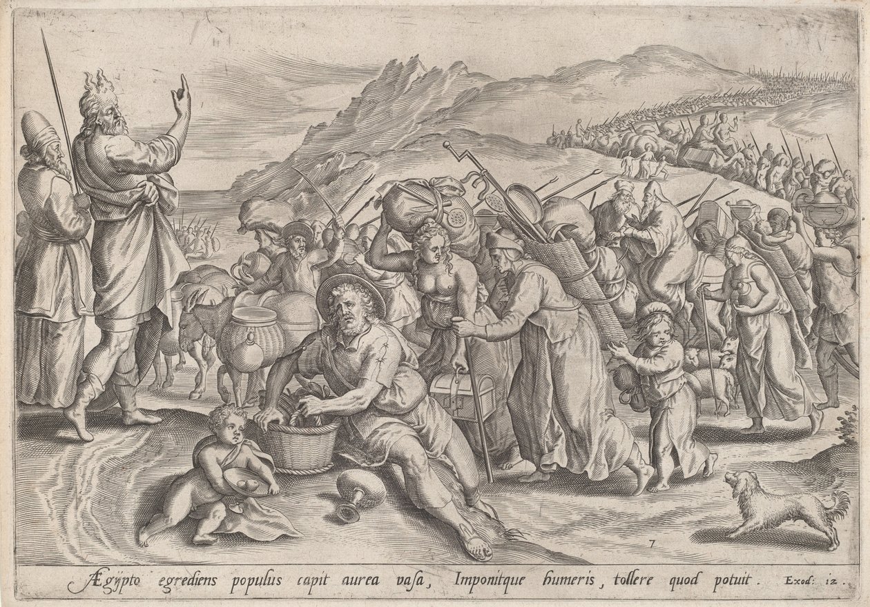 De Exodus uit Egypte door Jan Sadeler I, after Maarten van Cleef