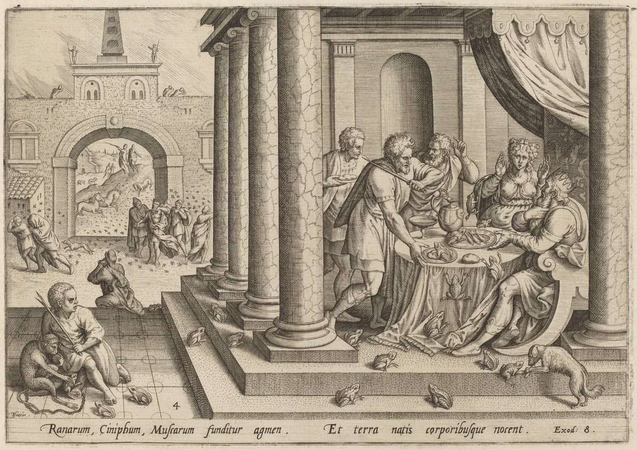 De plaag van kikkers door Jan Sadeler I, after Maarten van Cleef