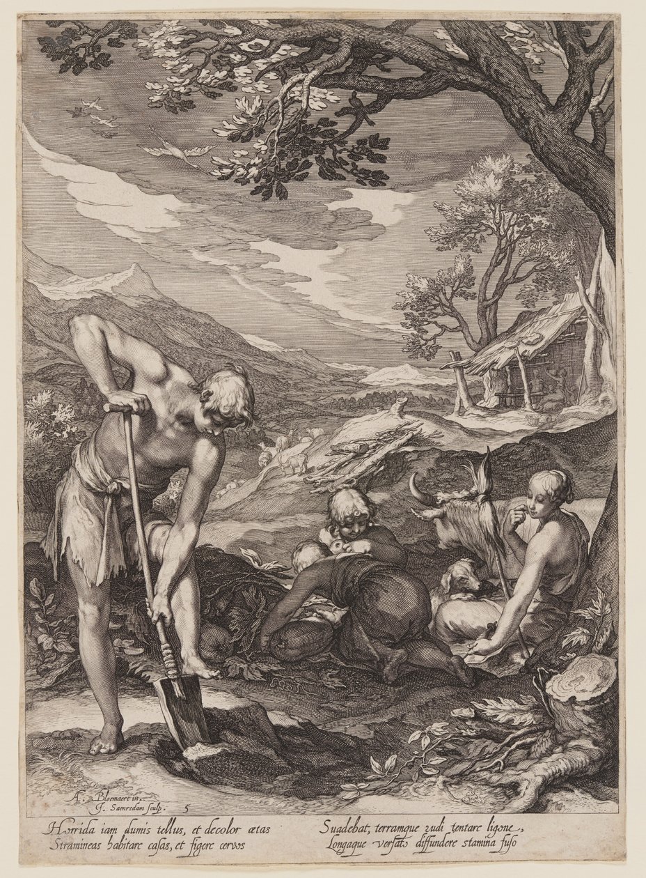 Adam en Eva aan het werk, uit Geschiedenis van de eerste ouders van de mens door Jan Saenredam