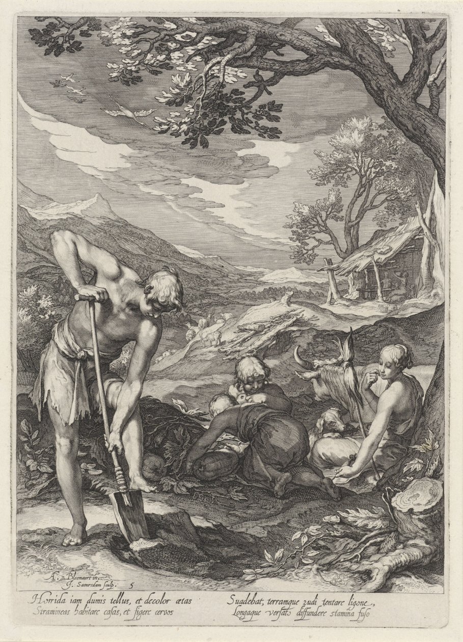 Adam en Eva aan het werk buiten het Aards Paradijs door Jan Saenredam