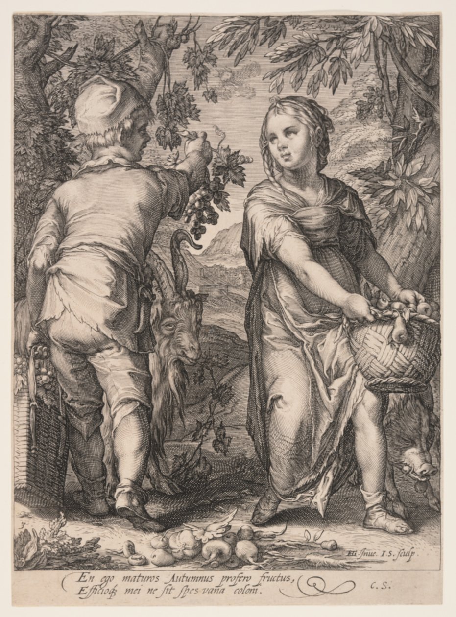 Herfst (Jongen en meisje oogsten fruit), uit De vier seizoenen door Jan Saenredam