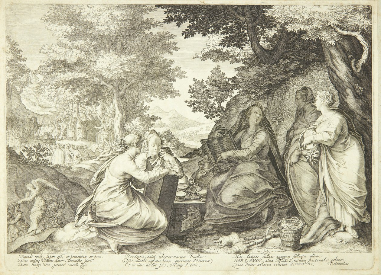 De verstandige maagden verzameld in een landschap, op de achtergrond Johannes de Doper die predikt door Jan Saenredam