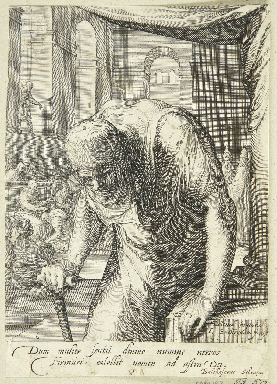 De kreupele oude dame, genezen door Jezus door Jan Saenredam