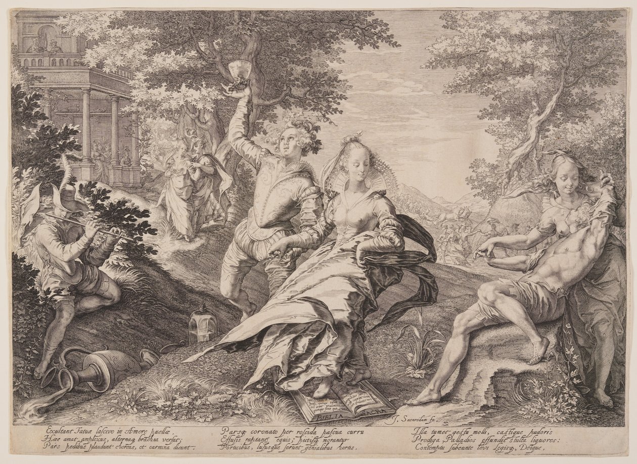 Dwaze maagden zwelgen, uit de gelijkenis van de wijze en dwaze maagden door Jan Saenredam