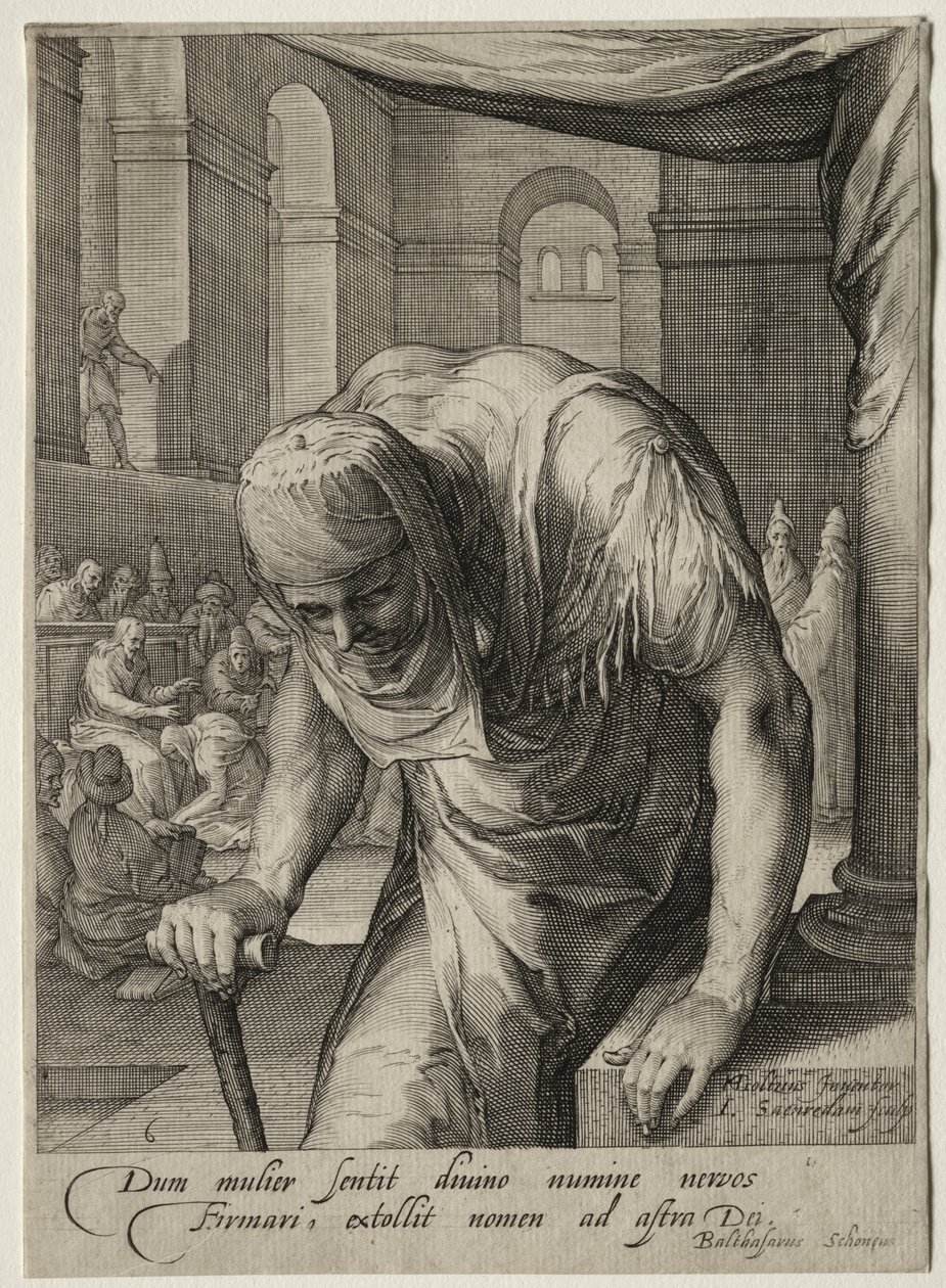 Heldinnen van het Nieuwe Testament: De kreupele vrouw genezen door Christus door Jan Saenredam