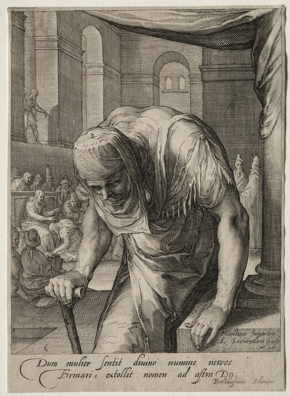 Heldinnen van het Nieuwe Testament: De Kreupele Vrouw Genezen door Christus door Jan Saenredam