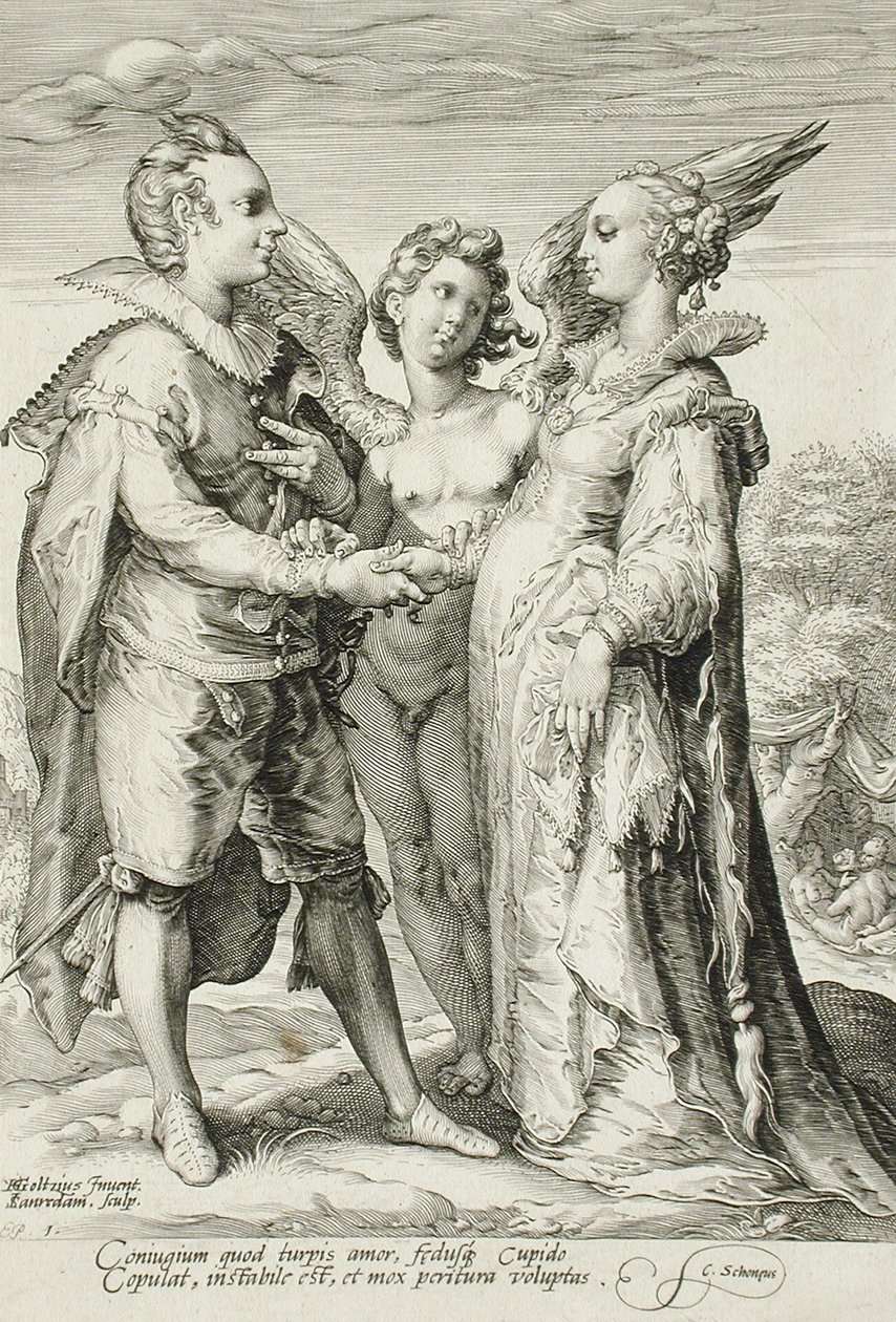 Huwelijk voor Plezier, Plaat 1 van De Huwelijkstrilogie, ca. 1594 door Jan Saenredam