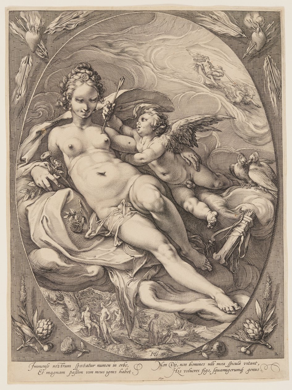 Venus en Cupido, uit Drie Godinnen Gezeten in de Wolken door Jan Saenredam