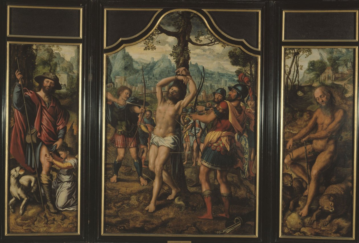Drieluik van het martelaarschap van Sint Sebastiaan (middenpaneel): Sint Rochus (linkerpaneel), Sint Onuphre (rechterpaneel), Sint Petrus (achterkant rechterpaneel), Sint Stefanus (achterkant linkerpaneel), tussen 1525 en 1566 door Jan Sanders van Hemessen