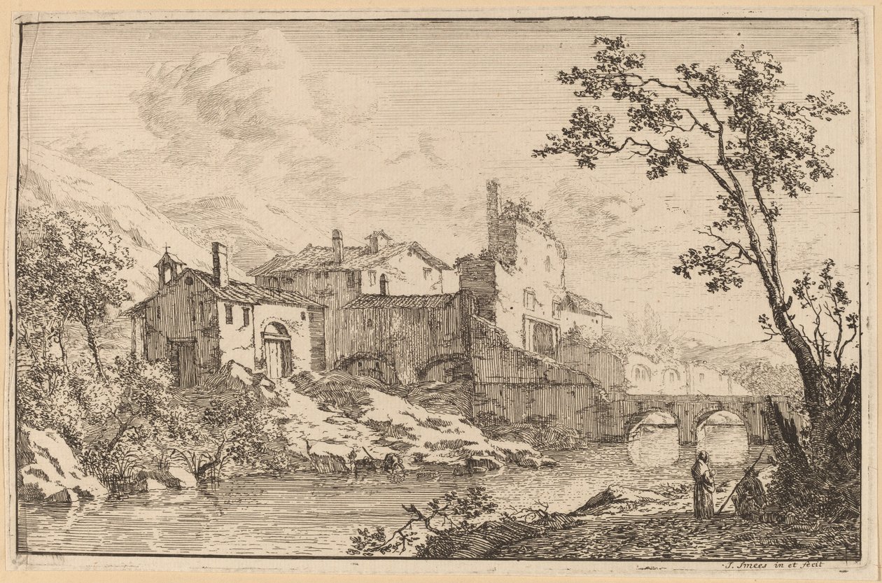 Huizen aan de Kant van een Rivier door Jan Smees