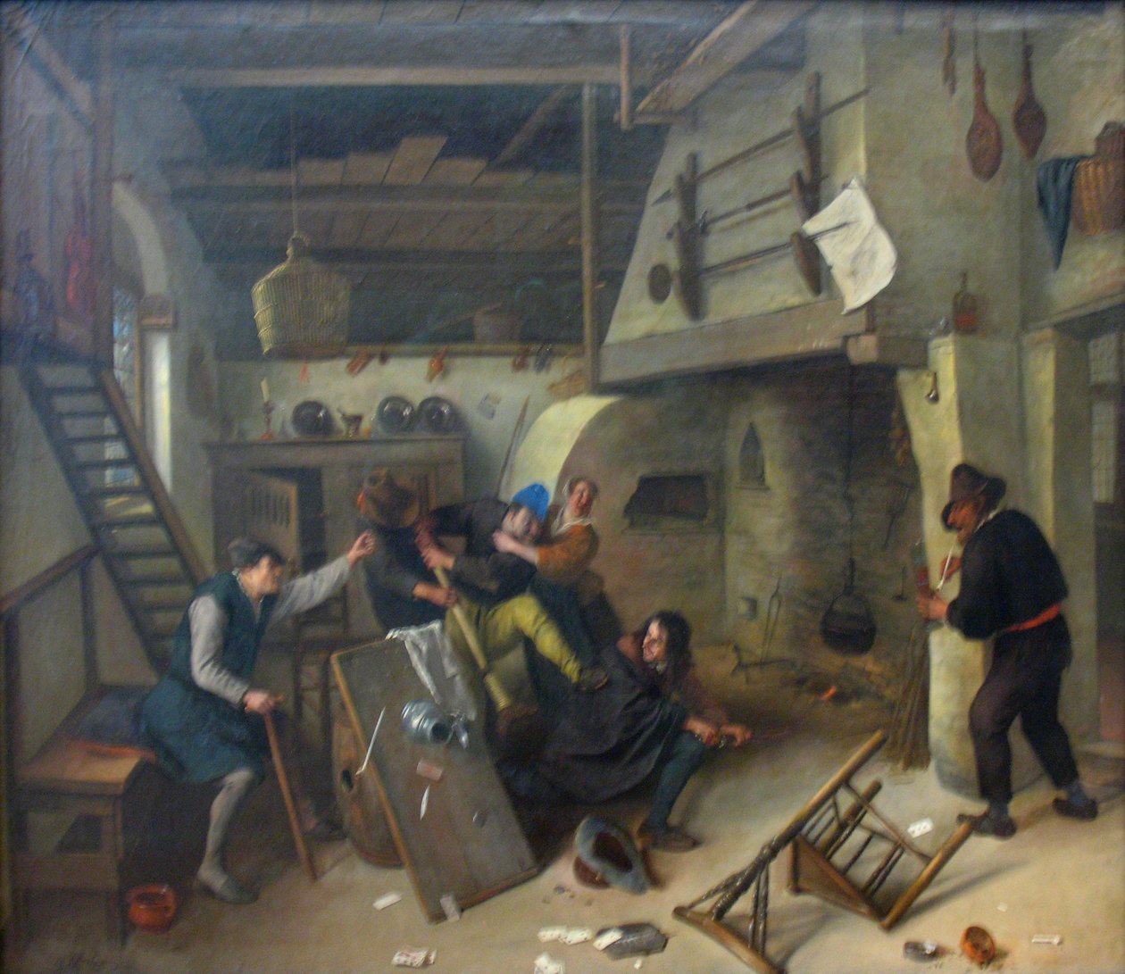 Een vechtpartij onder kaartspelers in een taverne door Jan Steen