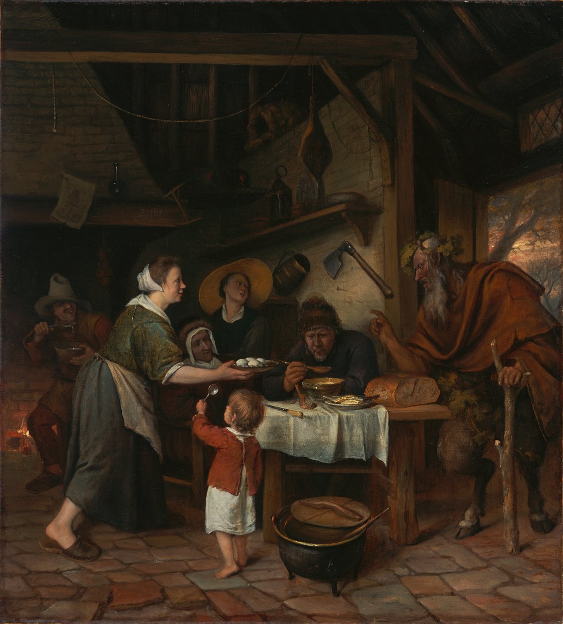 De sater en de boerenfamilie door Jan Steen