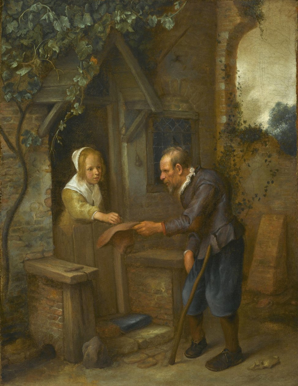 Jong meisje geeft aalmoezen aan oude man door Jan Steen