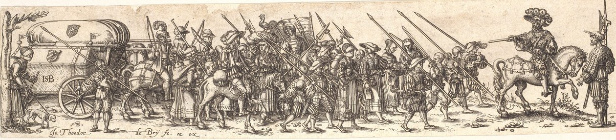 Troep soldaten, vooraan een officier te paard door Jan Theodor de Bry