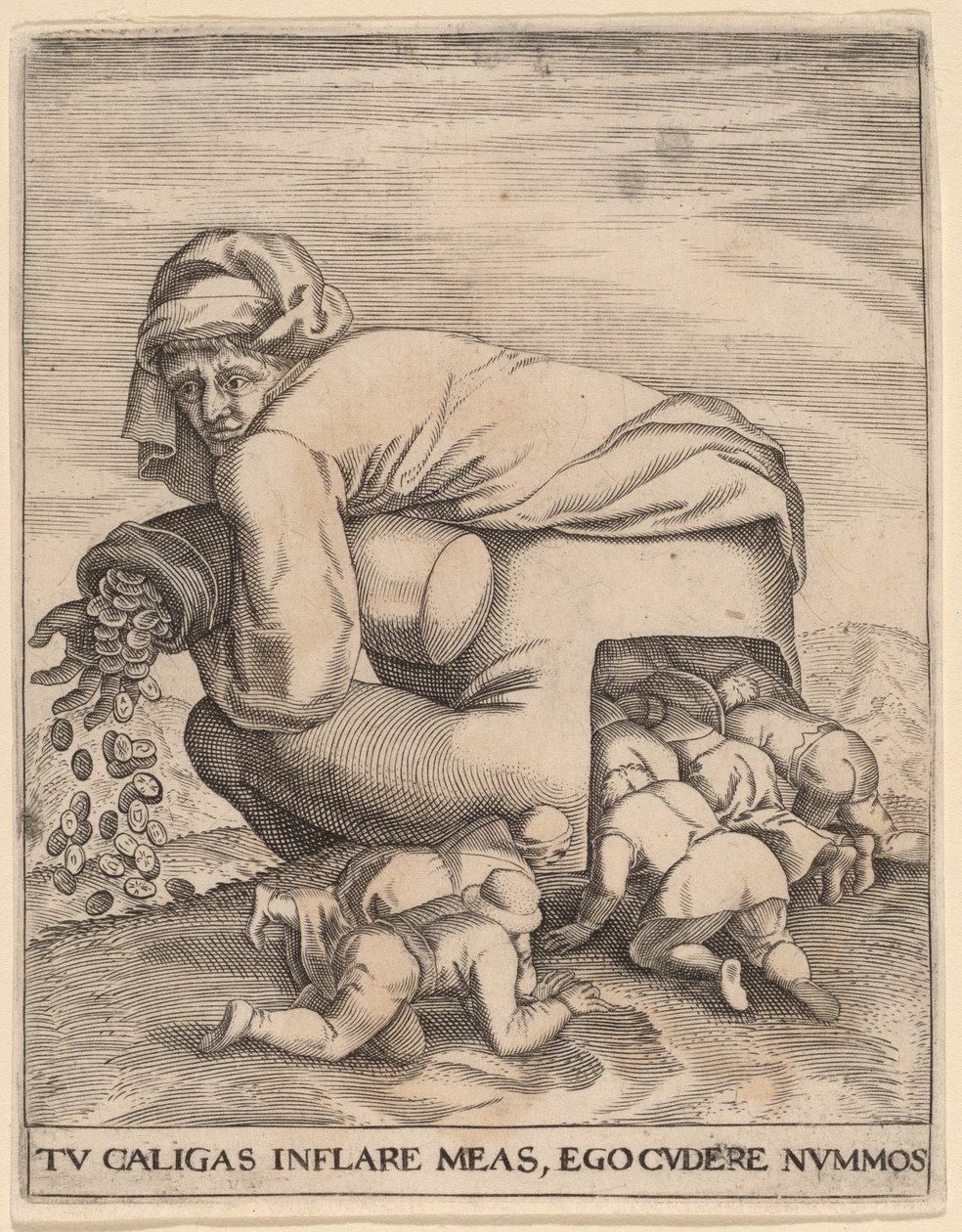 De Man met de Geldbuidel en Zijn Vleiers door Jan Theodor de Bry after Pieter Bruegel the Elder