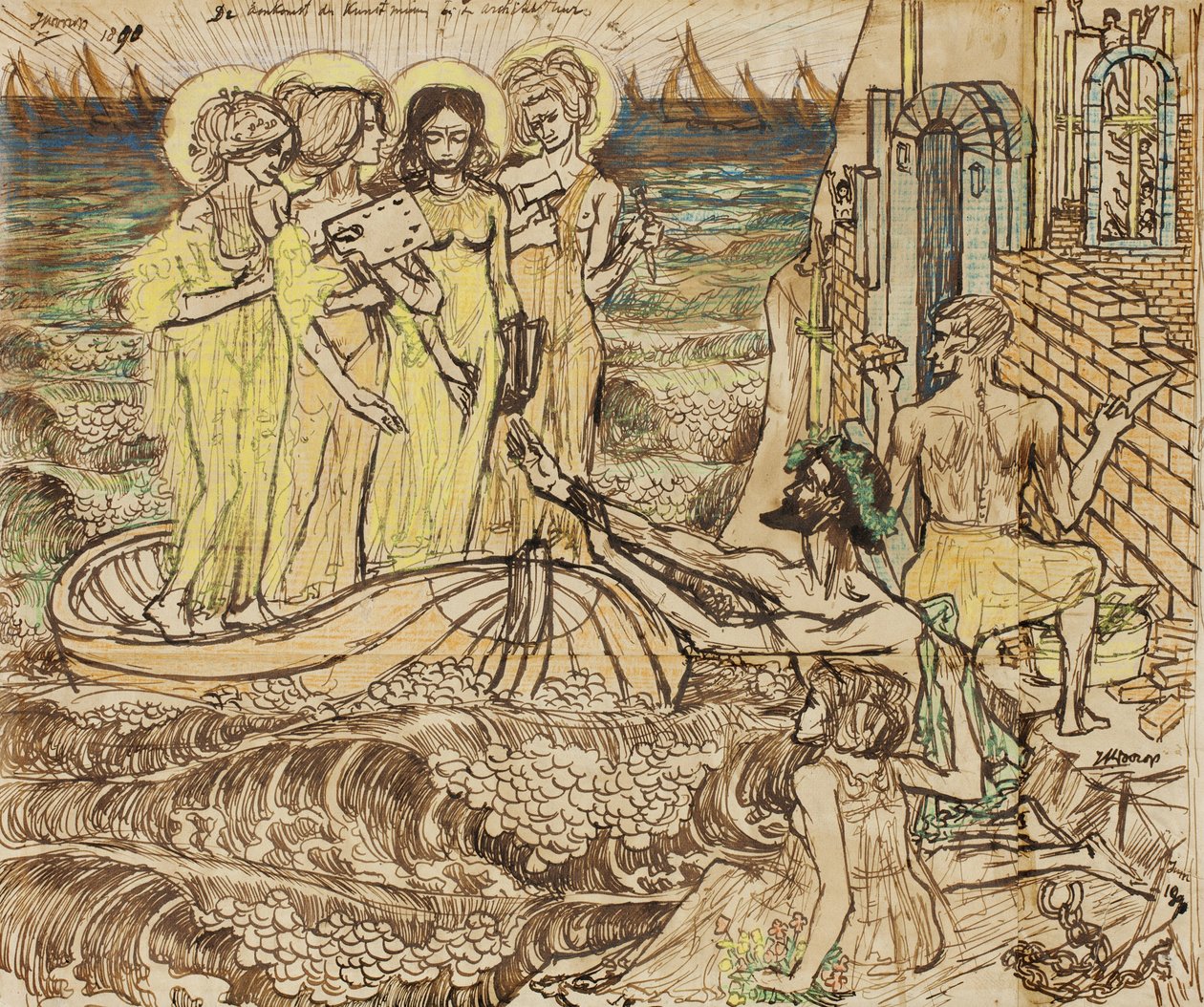 De aankomst van de muzen van kunst bij architectuur, 1890 door Jan Toorop