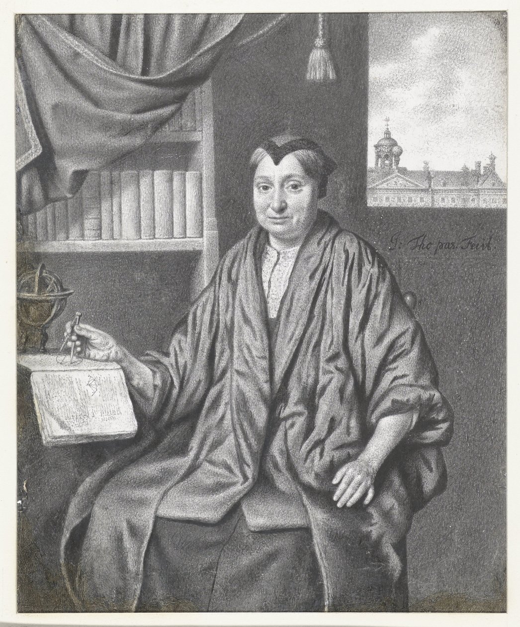 Portret van een oudere vrouw, zittend met astronomische instrumenten door Jan Thopas