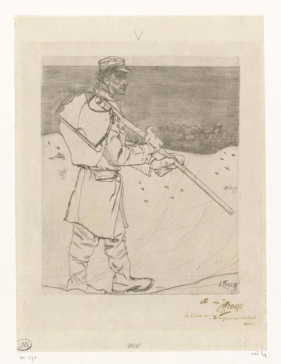Schelpenvisser met net op het strand bij Katwijk aan Zee door Jan Toorop (signed by artist)