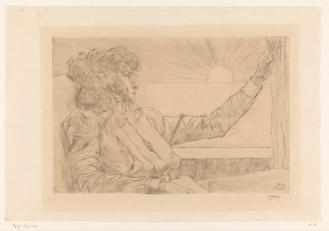 Zittende vrouw voor een venster door Jan Toorop (signed by artist)