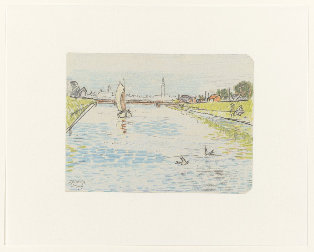 Gezicht op een kanaal met een zeilschip door Jan Toorop