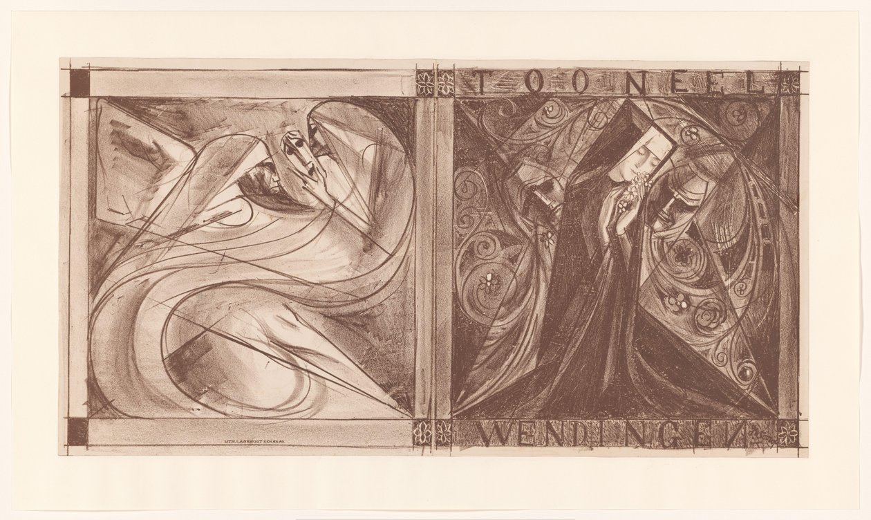 Omslag voor Wendingen met een non met bloemen en twee geesten, waarvan één met een masker in zijn hand door Jan Toorop