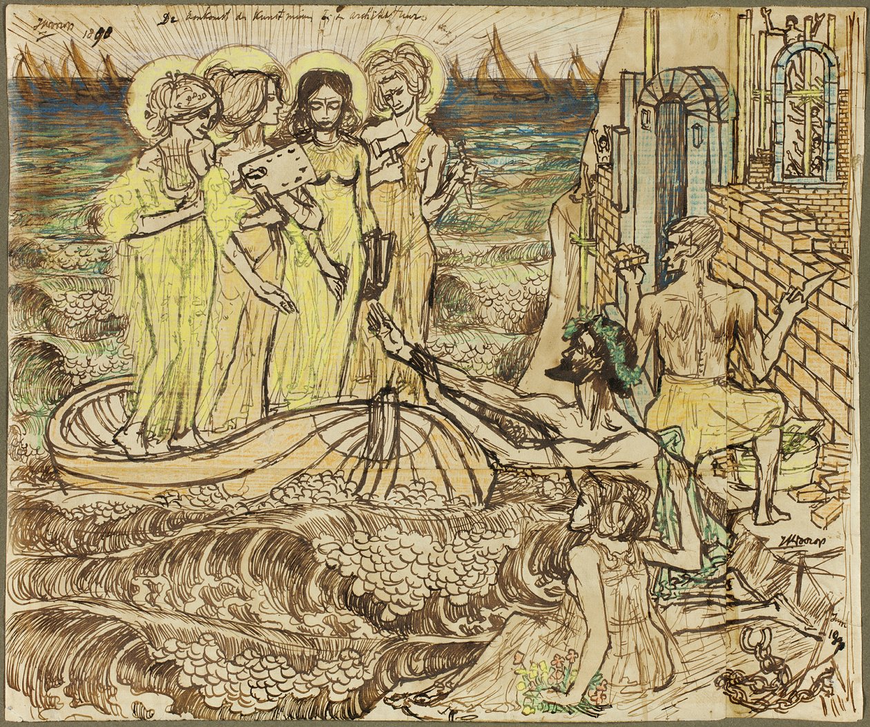 De komst van de muzen van de kunst naar de architectuur door Jan Toorop