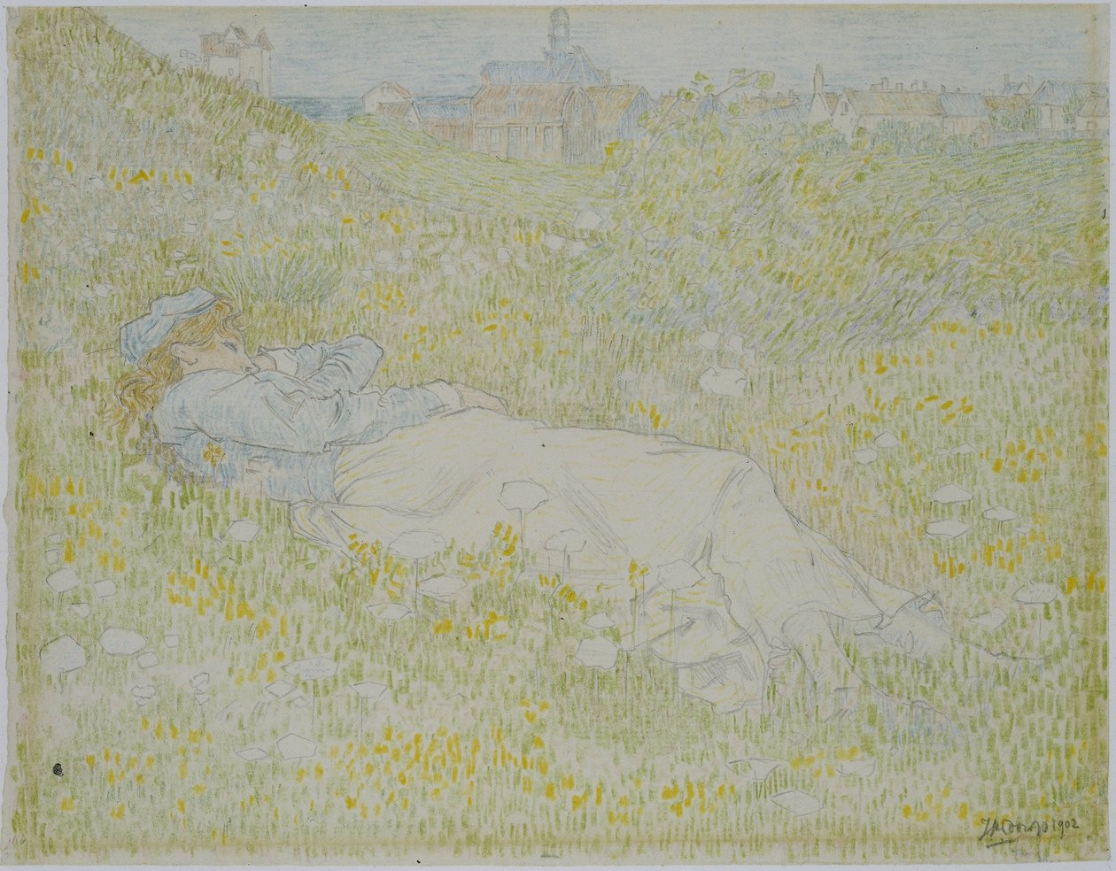 Vrouw liggend in de duinen bij Noordwijk door Jan Toorop