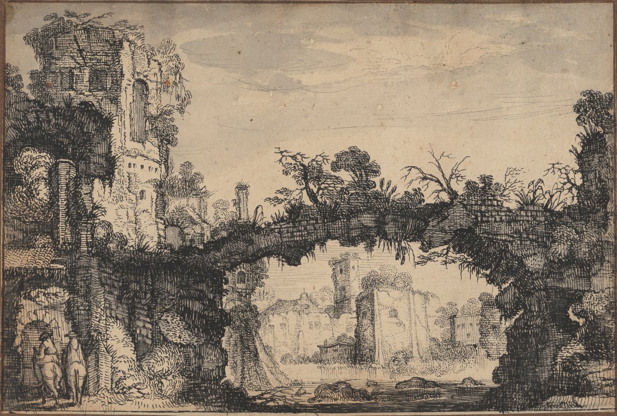 Landschap met ruïnes (recto); Kop van een vrouw en dieren (verso) door Jan Van de Velde