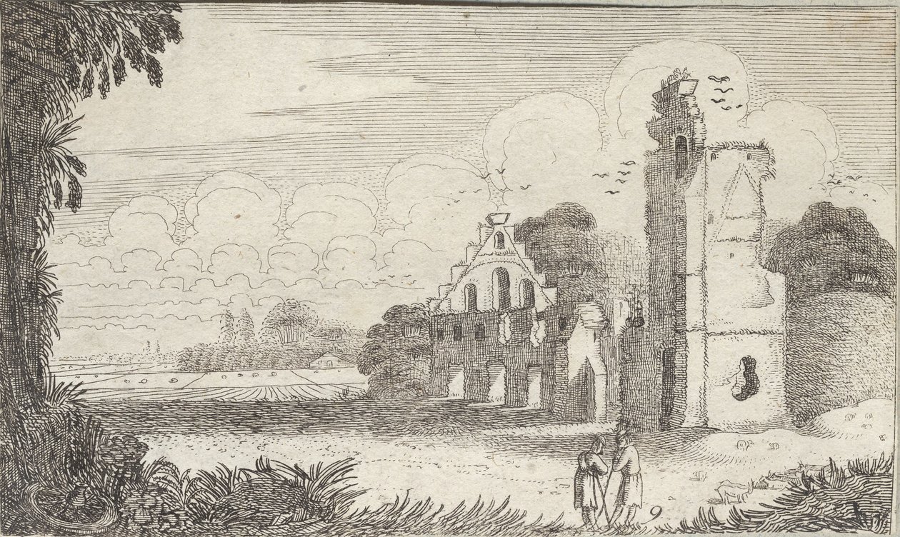 Landschap met een kerk in ruïnes en twee herders in gesprek door Jan Van de Velde