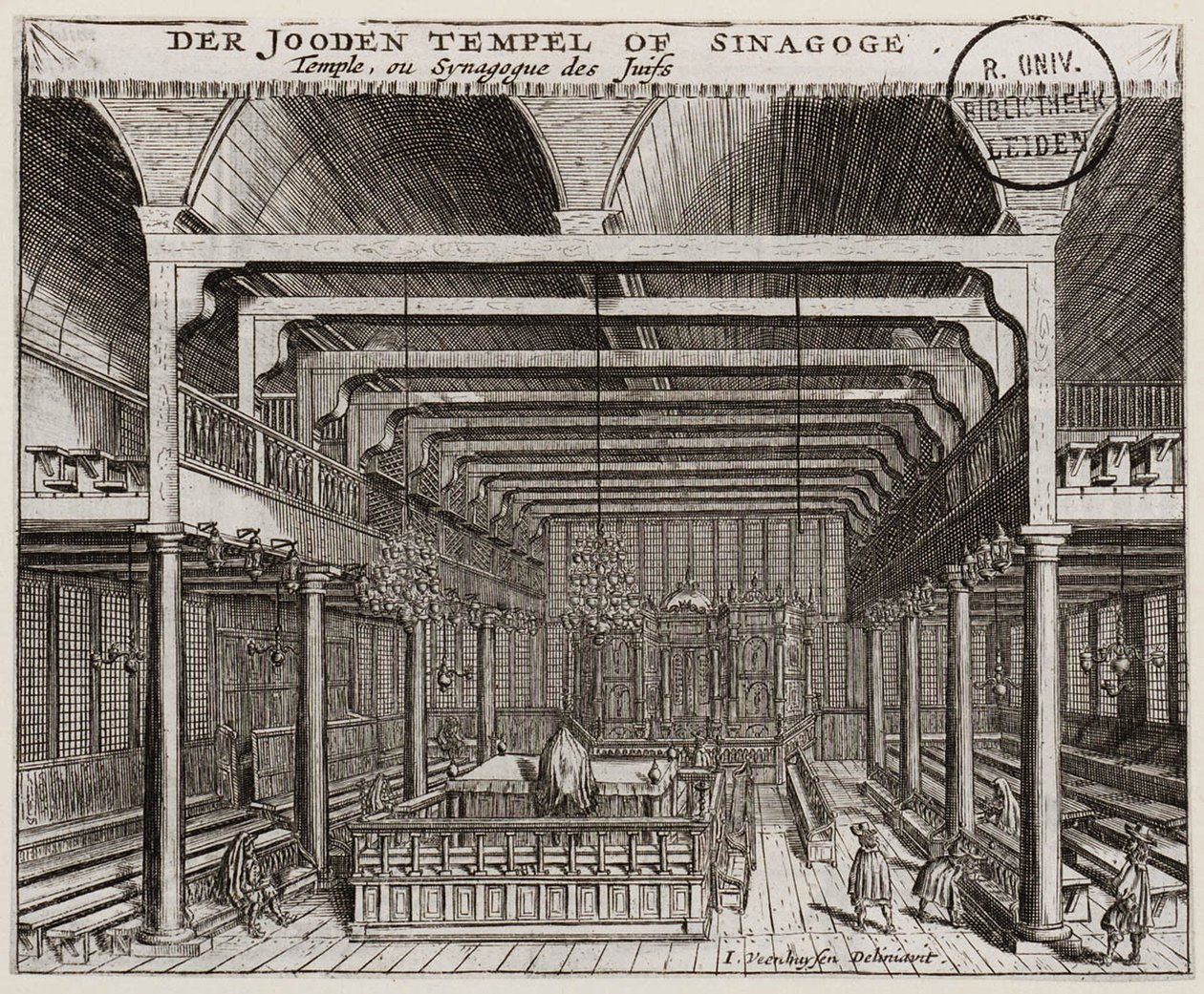 Interieur van de Portugese synagoge in Amsterdam door Jan Veenhuysen