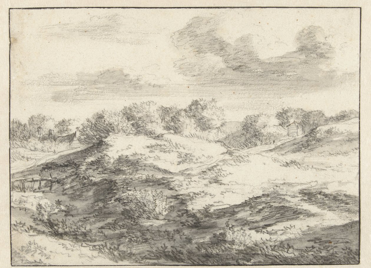 Duinlandschap, met een huisje in de verte door Jan Vermeer van Haarlem (I) (attributed to)