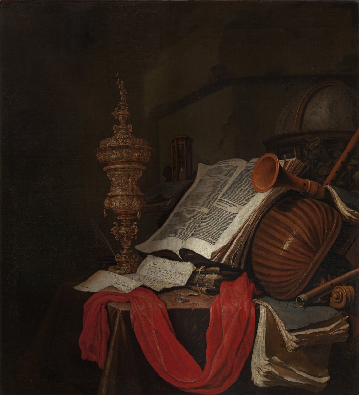 Stilleven met muziekinstrumenten en boeken Vanitas door Jan Vermeulen