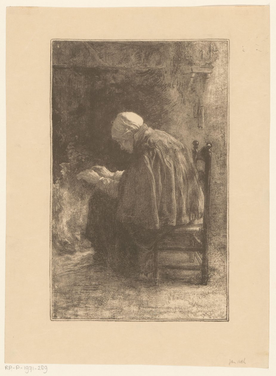 Oude vrouw bij haard door Jan Veth