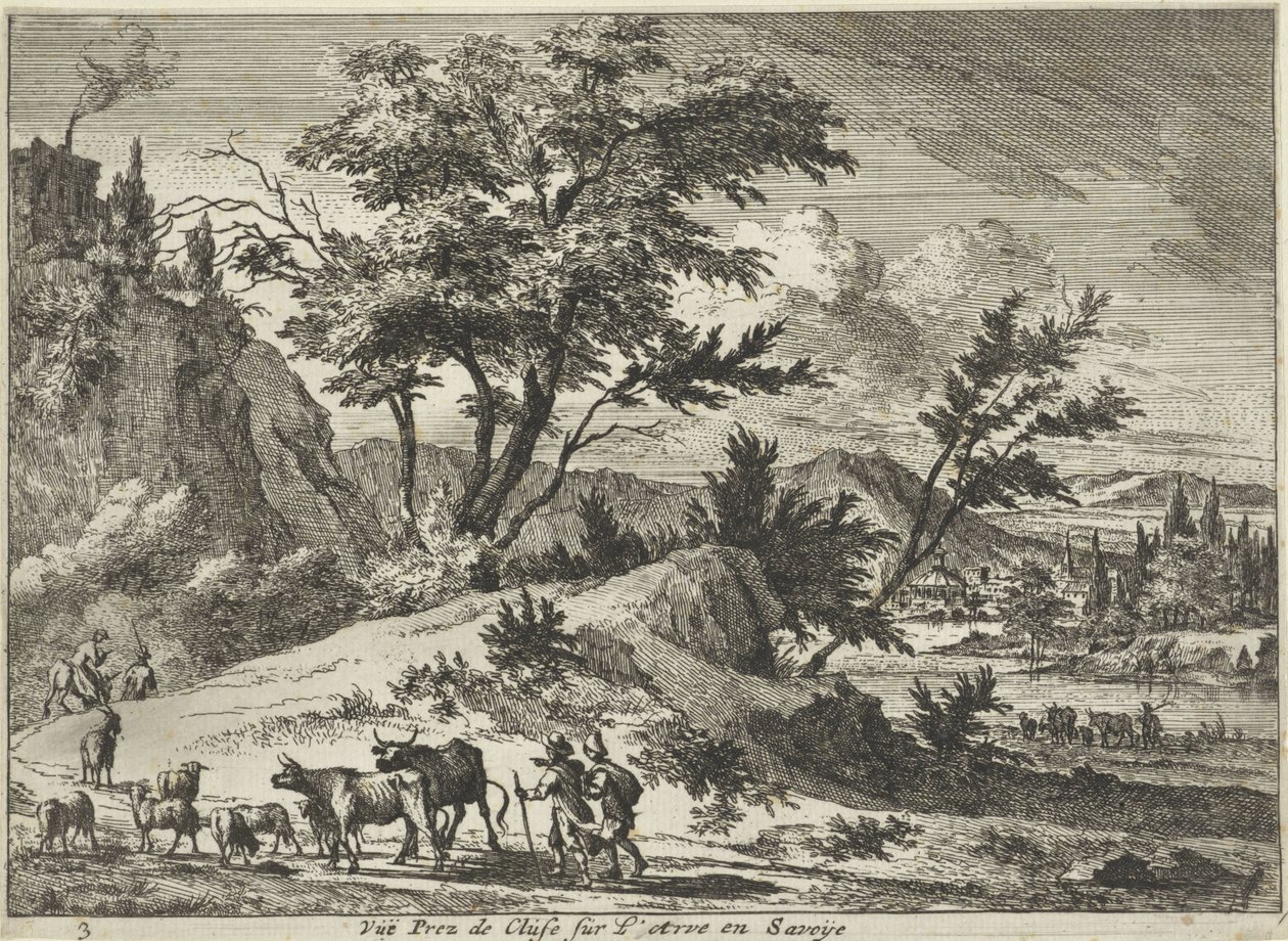 Gezicht op een weg bij Cluses aan de Arve, Savoie door Jan Vincentsz. van der Vinne