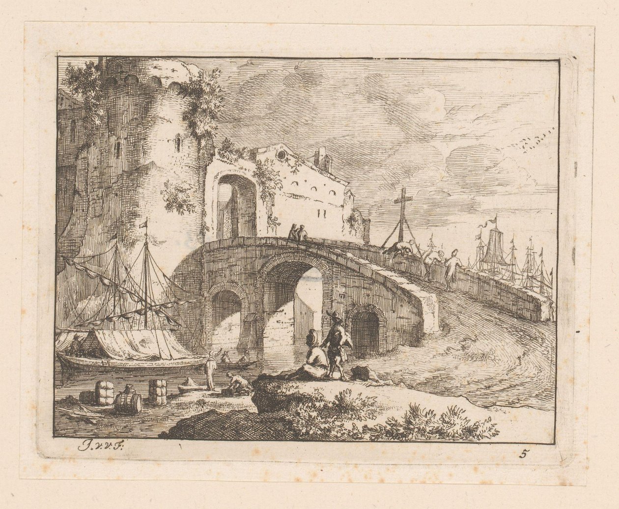 Stadspoort bij een Italiaanse haven door Jan Vincentsz. van der Vinne