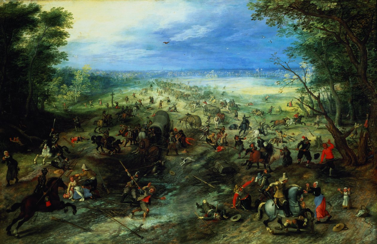 Overval op een karavaan met wagens door Jan & Vrancx S. (1573-1647) Brueghel