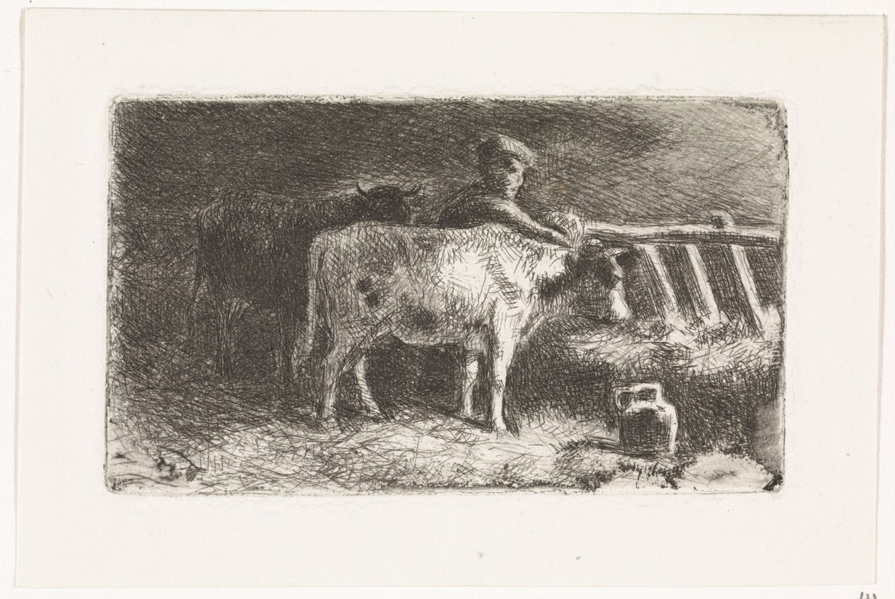 Boer tussen twee koeien bij een ruif in een stal (kleine variant) door Johannes Martinus Vrolijk